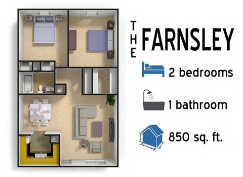 Floor plan for 2 beds, 1 bath, 850 sqft